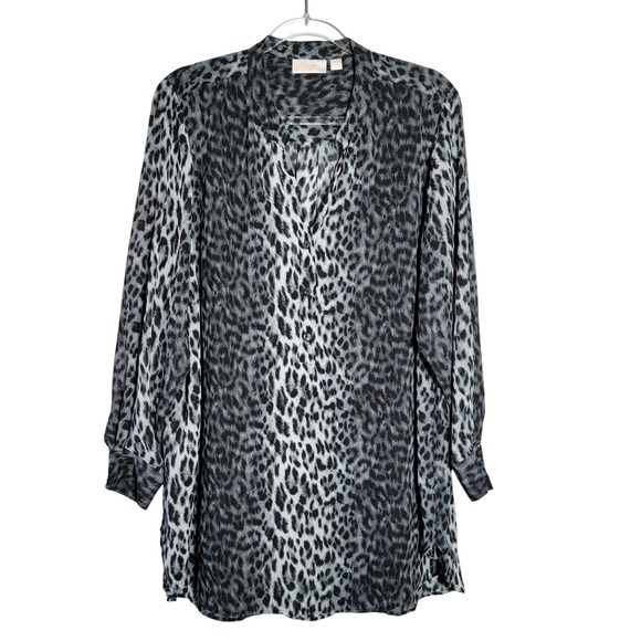 Belle Kim Gravel Tops - Belle Kim Gravel Leopard Tunic Top Plus Size 1X‎ Gray Lined Long Sleeve Pullover